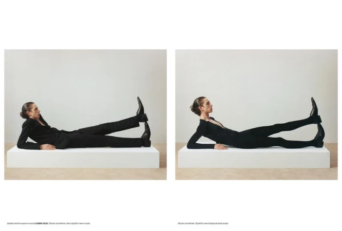 Two side-by-side frames of a male model posing on a white platform wearing a black suit and black bodysuit