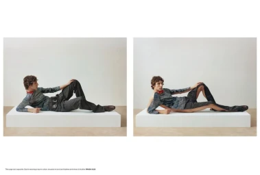 Two panel magazine spread showing a male model reclining on a white pedestal against a neutral studio wall.