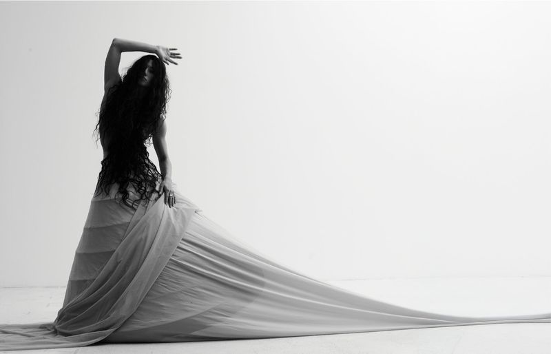 Model with long dark hair wearing a voluminous trailing gown in a studio setting.