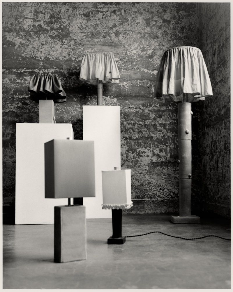 Monochrome image displays a curated collection of lamps with varying designs, including geometric bases and draped fabric shades, against a textured wall.