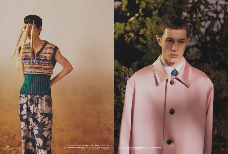 Two male fashion models showcased in a split-screen studio setup, wearing stylish outfits against contrasting outdoor and neutral backdrops.