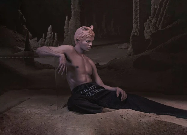 Man with pale skin and blonde hair is reclining on a textured surface in a dark, cave-like setting, wearing jeans with text detail.