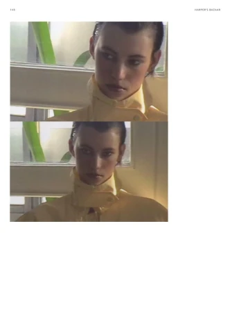 Model wearing a yellow high collar jacket in a dual panel portrait for Harper's Bazaar France