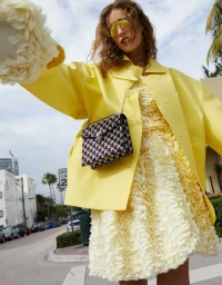 Model in a bright yellow coat and textured dress wearing yellow tinted sunglasses against an outdoor street backdrop