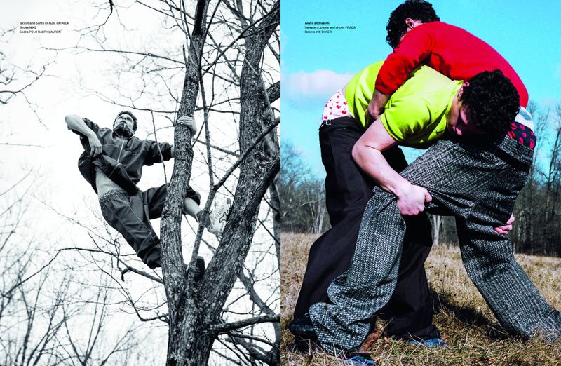 Monochromatic shot of man climbing a tree. On the right, three men engage in an activity outdoors on grassy field.