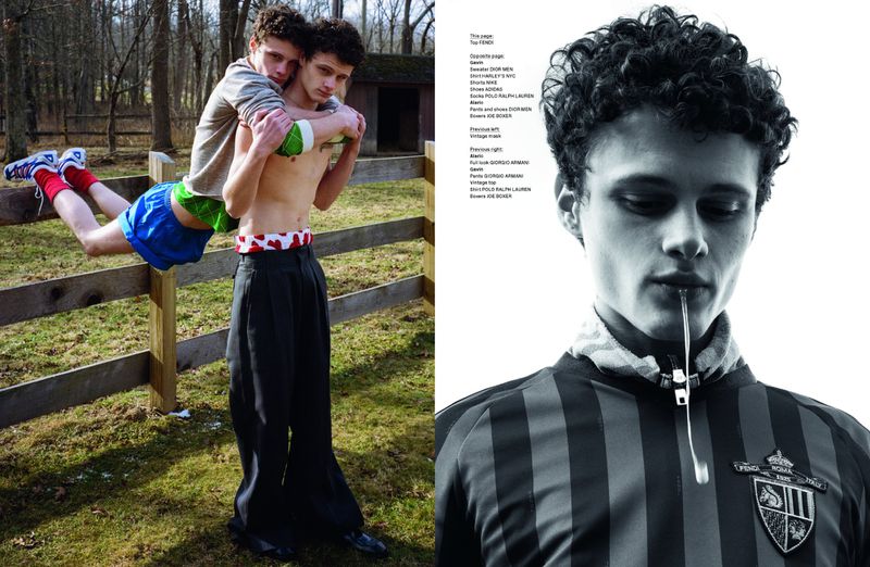 Two young adult men outside; one gives the other a piggyback ride near a fence, while the second image is a close-up portrait in black and white.