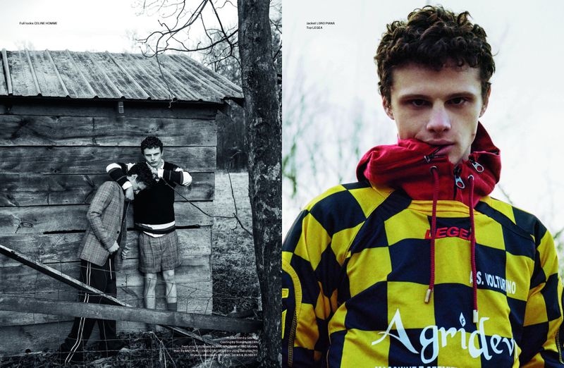 Two men in vintage clothing standing next to a wooden shed. The second man is shown in a closeup with yellow-black checkered jacket.