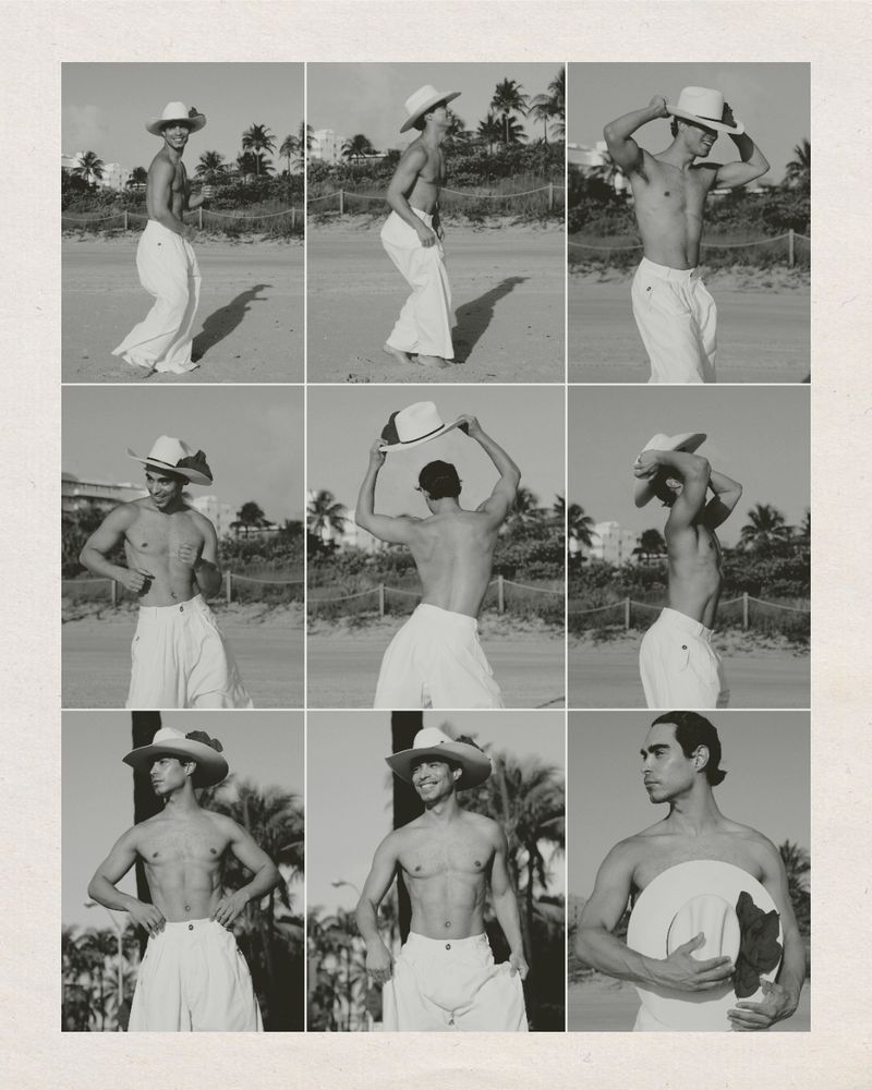 Black and white mosaic of a topless adult male in white pants and a sun hat, posing on a beach with palm trees in the background.