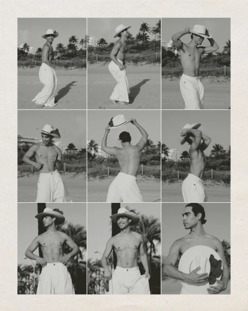 Black and white mosaic of a topless adult male in white pants and a sun hat, posing on a beach with palm trees in the background.