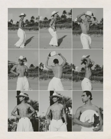 Black and white mosaic of a topless adult male in white pants and a sun hat, posing on a beach with palm trees in the background.
