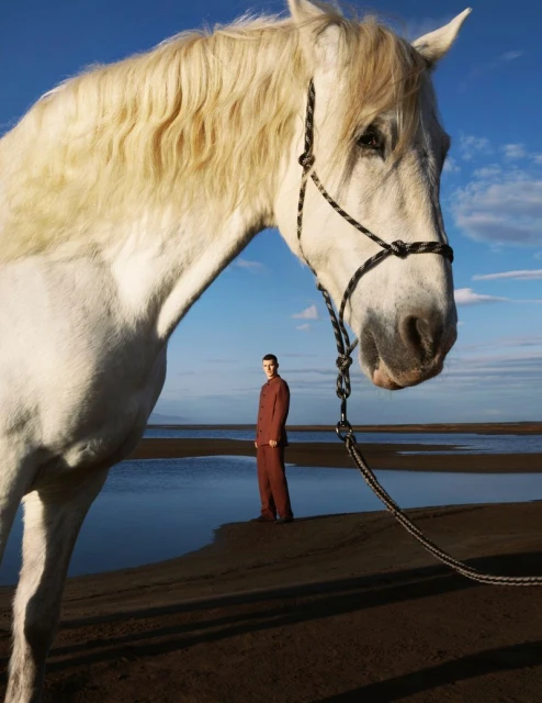 Albino horse stands along shore with a man in a brown suit in the background under a blue sky. Fashion editorial, travel.