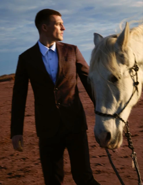 Adult male in a suit walks alongside a white horse in a desert landscape under a blue sky with clouds at daytime.