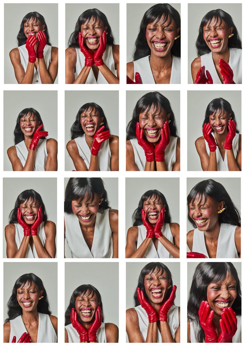 Multiple headshots of a smiling dark-skinned adult woman wearing a white top and red gloves against a neutral backdrop.