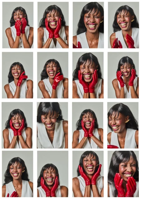 Multiple headshots of a smiling dark-skinned adult woman wearing a white top and red gloves against a neutral backdrop.