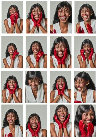 Multiple headshots of a smiling dark-skinned adult woman wearing a white top and red gloves against a neutral backdrop.