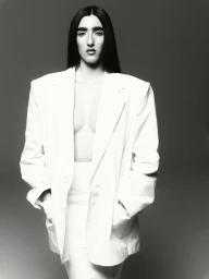 Monochrome portrait of a woman with long dark hair wearing an oversized white blazer and skirt against a dark gradient background.