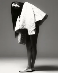 Model with long dark hair wearing a white structured coat and loafers against a grey background.