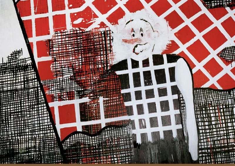 Abstract painting featuring a cartoonish character with white hair against a red and black checkered background. Expressive and bold strokes create a unique visual texture.