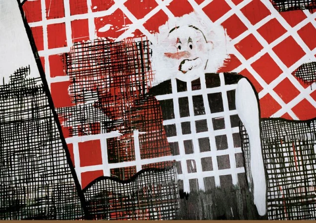 Abstract painting featuring a cartoonish character with white hair against a red and black checkered background. Expressive and bold strokes create a unique visual texture.