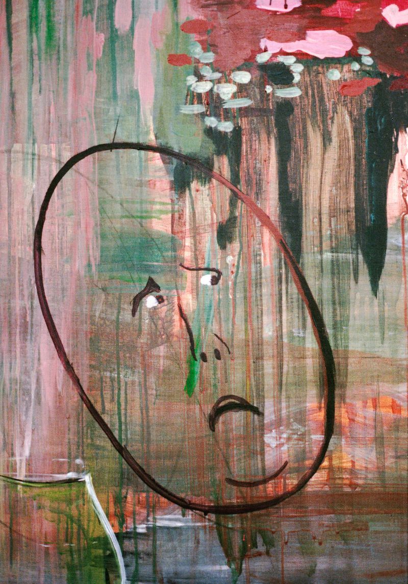Artistic painting of a face with green accents on an abstract background with pink and brown hues, presented in a portrait orientation.
