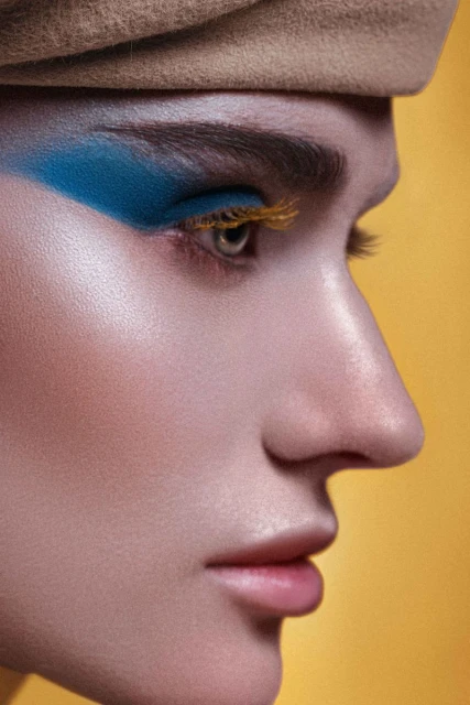 Profile portrait of a woman with blue eyeshadow and yellow false eyelashes wearing a beige hat against a yellow background.