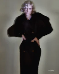 Model with vintage blonde finger waves wearing a dark double-breasted coat against a muted background with a motion blur effect.