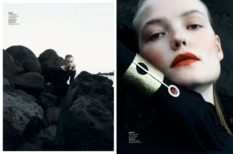 Fashion editorial shot of a woman with bold orange lipstick among dark rocks and a close-up of her face with an ornate gold bracelet.