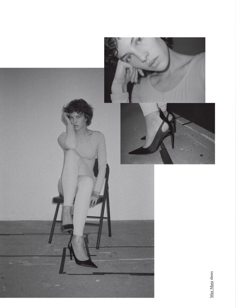 Editorial fashion shot: a curly-haired person poses while seated next to two inset photos featuring a closeup of a shoe and the person's face.