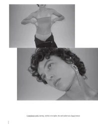 Monochrome fashion editorial featuring a model wearing a large crystal earring and dark trousers against a light background.