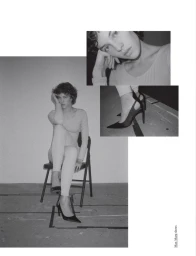 Black and white editorial layout featuring a model seated on a chair, with inset close-ups of her face and high heels.