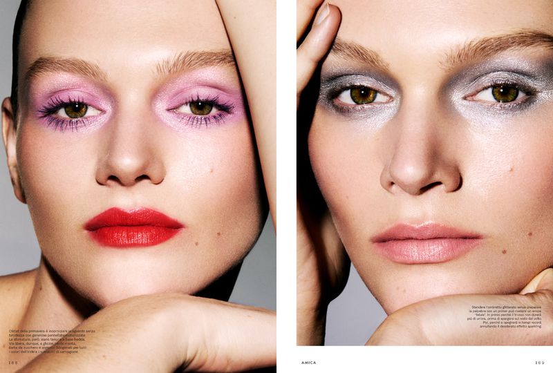 Beauty editorial featuring two adult females with contrasting makeup, one with red lips and pink eyeshadow, the other with neutral lips and gray eyeshadow.