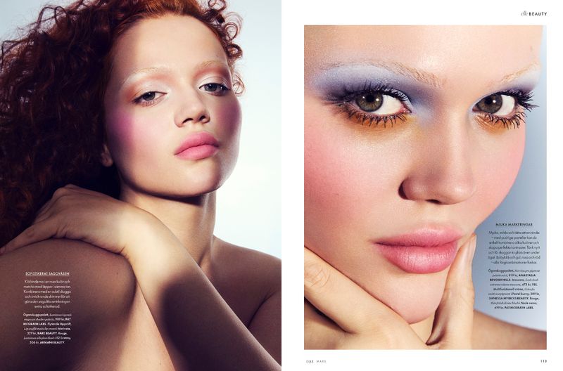 Beauty editorial featuring two close-up shots of a female model with vibrant eye makeup, pink blush, and red curly hair.
