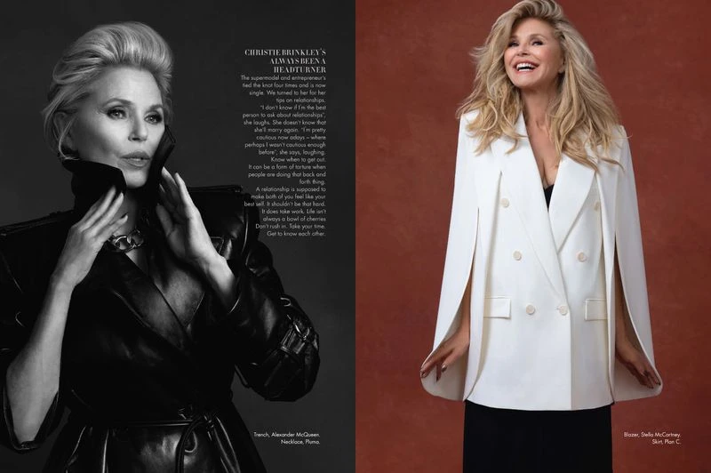 Split-screen portrait of Christie Brinkley with dark and light color grading, wearing a black trench coat and white blazer, respectively.