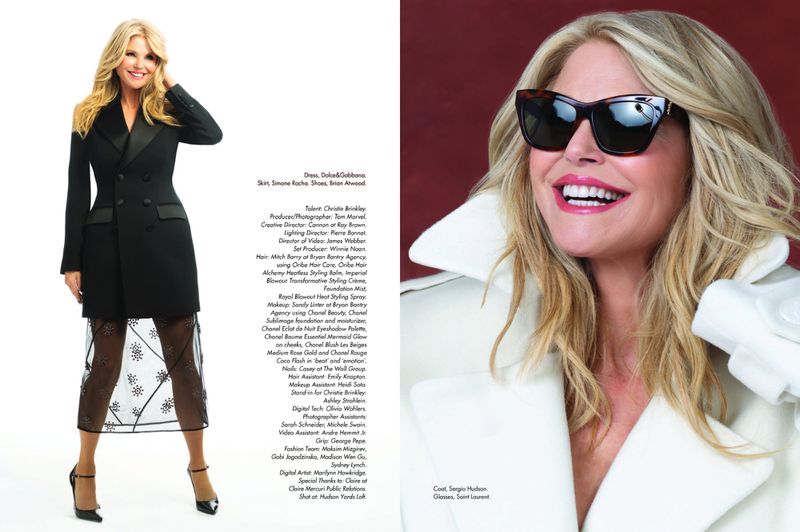 Christie Brinkley poses in a black blazer dress and sheer skirt on the left, with a close-up on the right wearing sunglasses.