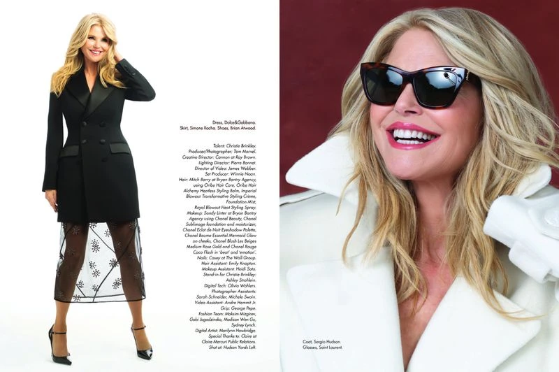 Christie Brinkley poses in a black blazer dress and sheer skirt on the left, with a close-up on the right wearing sunglasses.