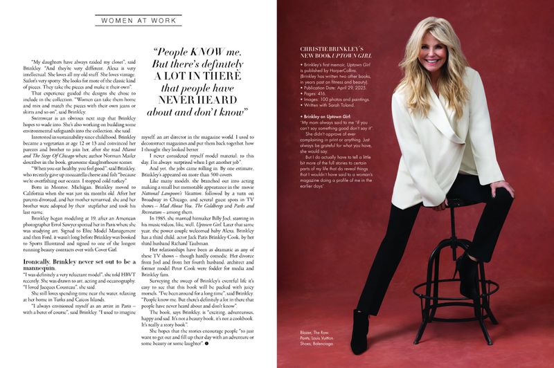 Christie Brinkley, smiling with long blonde hair, sits on a stool in black pants and white jacket. The image is a magazine cover spread.