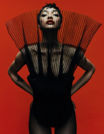 Fashion portrait of a woman with dark hair and red lips in a black outfit with a sheer, pleated collar, posed against a red backdrop.