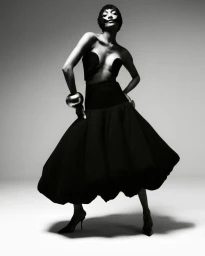 Model Jourdan Dunn in a black strapless top and voluminous skirt with a large metallic bracelet in a monochromatic studio shoot.