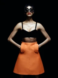 Jourdan Dunn wearing a black crop top and orange skirt with dark sunglasses against a black background