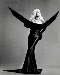 Julia Fox wearing a dramatic black gown with exaggerated wing-like shoulders against a grey studio backdrop