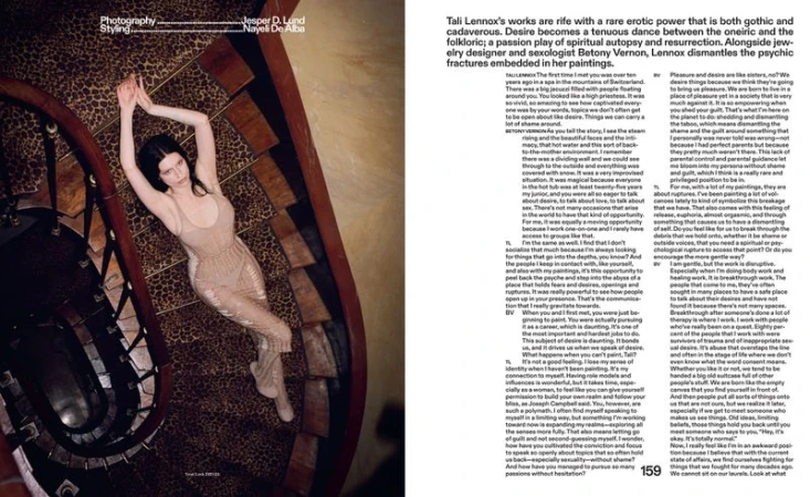 Woman in beige dress lies on a leopard-print spiral staircase in a full shot. Soft lighting and a magazine editorial style give it an ethereal mood.