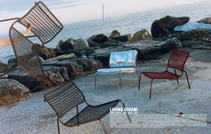 Outdoor furniture shoot on a rocky beach featuring three metal frame chairs: black grid chair, silver cushioned chair, red grid chair.