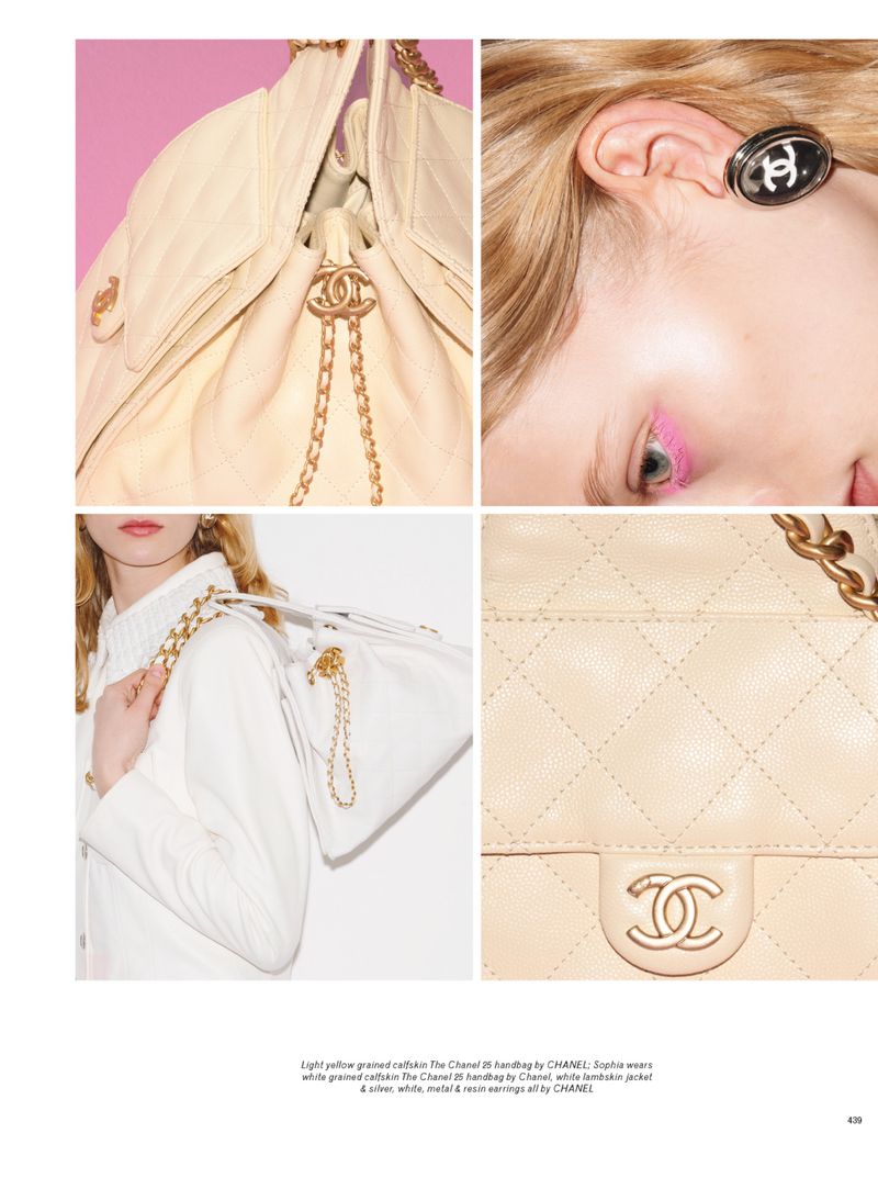 Collage of fashion shots featuring Chanel handbags in light yellow and white leather with gold chain details and a blond model.