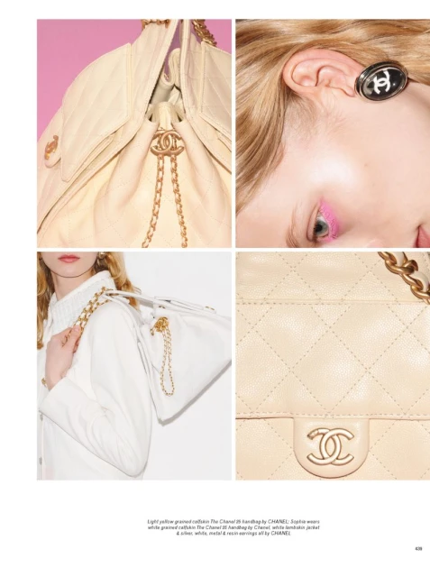 Collage of fashion shots featuring Chanel handbags in light yellow and white leather with gold chain details and a blond model.