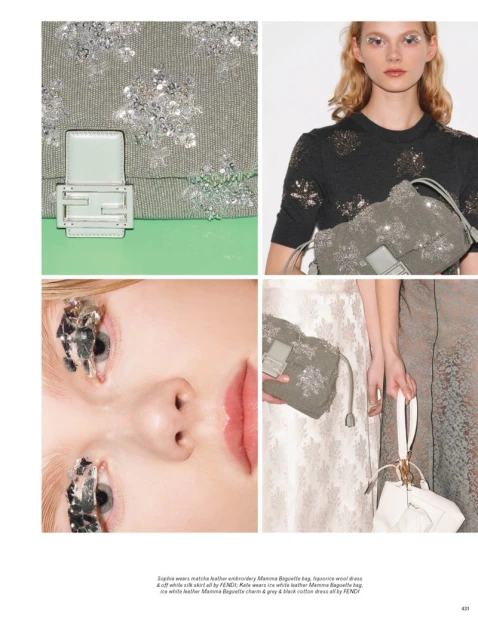Collage with a model, handbag and cosmetic container, featuring neutral colors, sequins, and a beauty-focused composition.