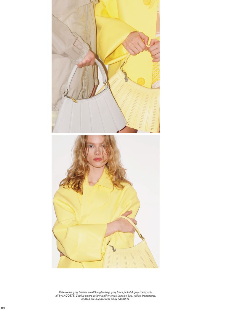 Three models showcasing yellow and grey leather handbags and trench coats for Pop Magazine issue 52 bags editorial.