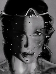 Close up portrait of a woman wearing a dotted veil and structured headpiece shot by Elizaveta Porodina for Alla Carta Magazine.