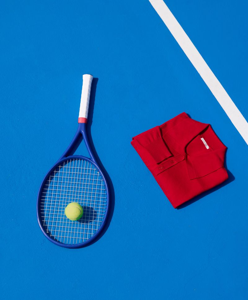 Overhead shot of tennis racket with ball and folded red polo shirt on a blue tennis court with white line, showcasing sports and fashion.