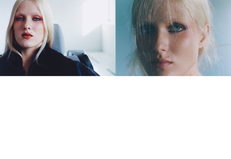 Split image of a fair-skinned woman with pale blonde hair and vibrant makeup, seated with a neutral expression and modern interior.