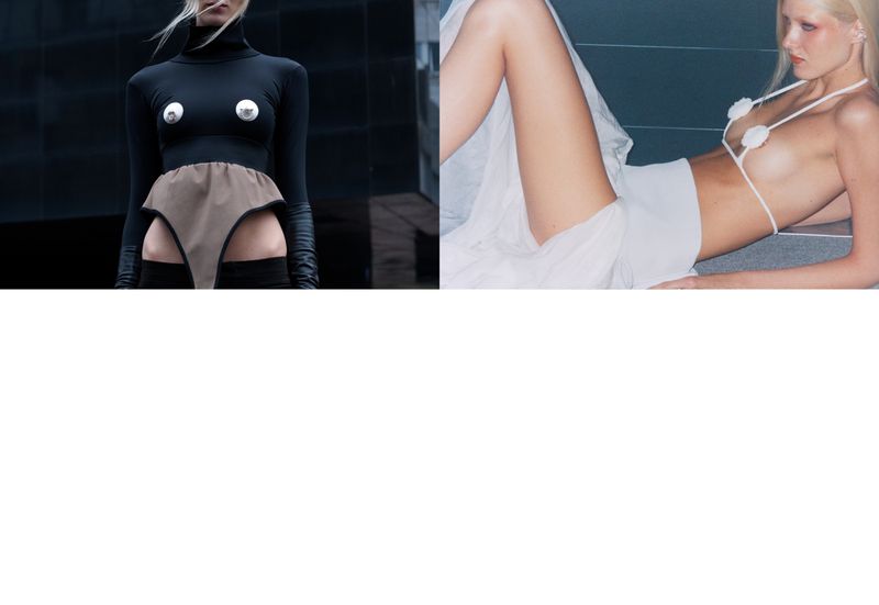 Two fashion models showcase avant-garde designs in a contrasting studio setting, featuring unique shapes, textures, and minimalistic aesthetics.